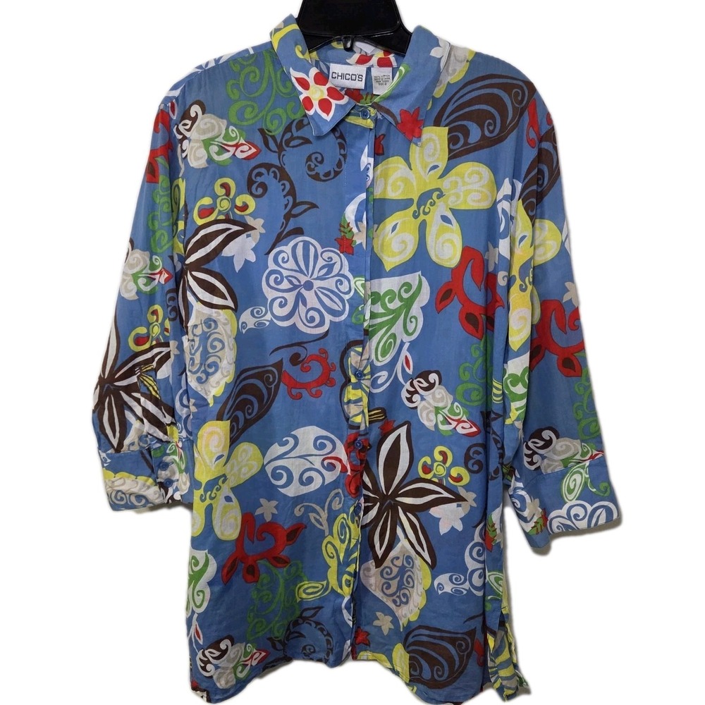Chico's Floral Button Up Tunic Top‎ Women's Size 2 (Large) Blue Long Sleeve